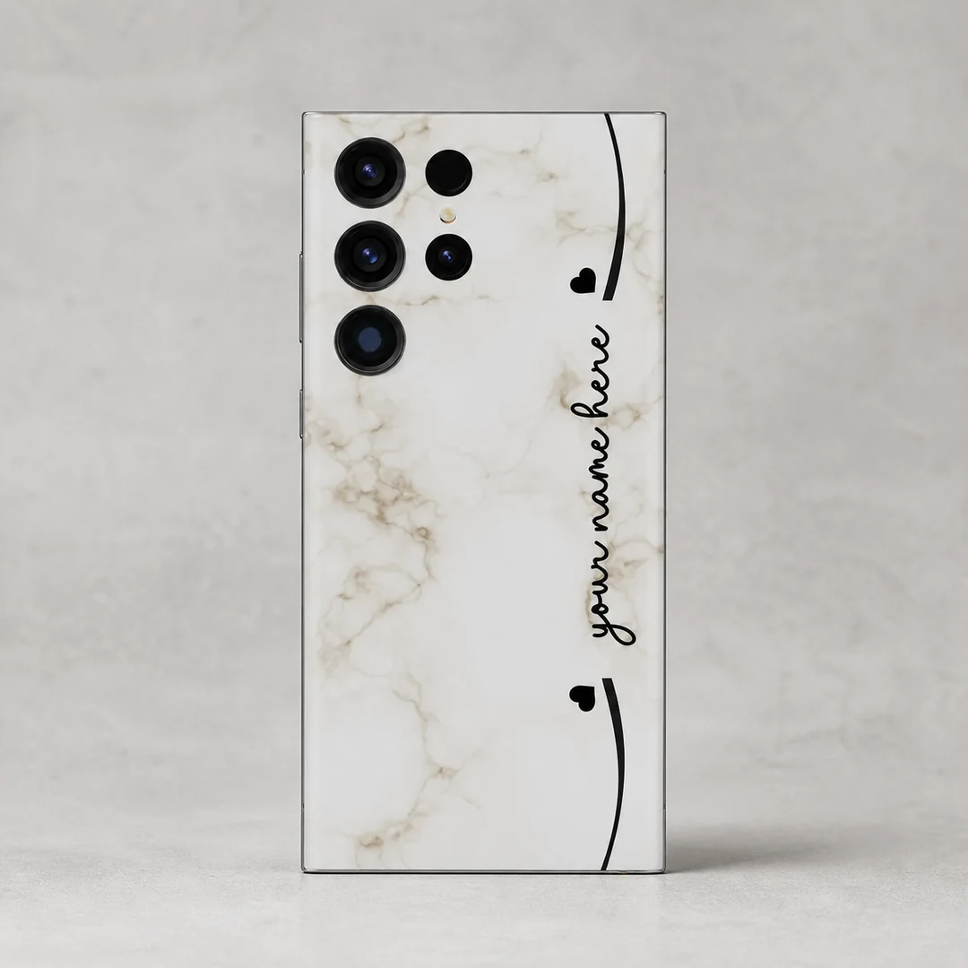 Elegant Marble Customized Name Mobile Skin - rear view Elegant Marble Customized Name Mobile Skin — rear view showing cream marble with black hearts and custom cursive name
