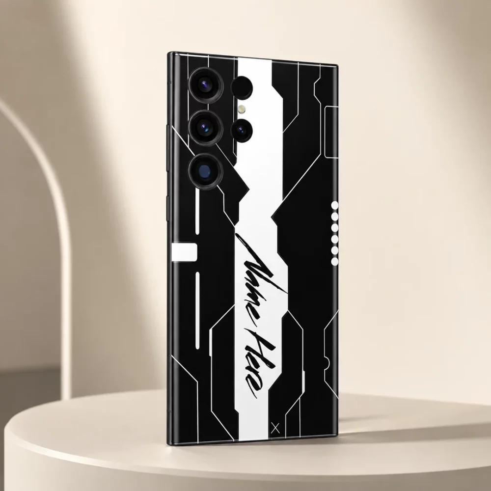 Futuristic Tech Customized Name Mobile Skin — angled view showing black and white circuit inspired artwork with a central white name stripe