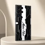 Futuristic Tech Customized Name Mobile Skin — angled view showing black and white circuit inspired artwork with a central white name stripe