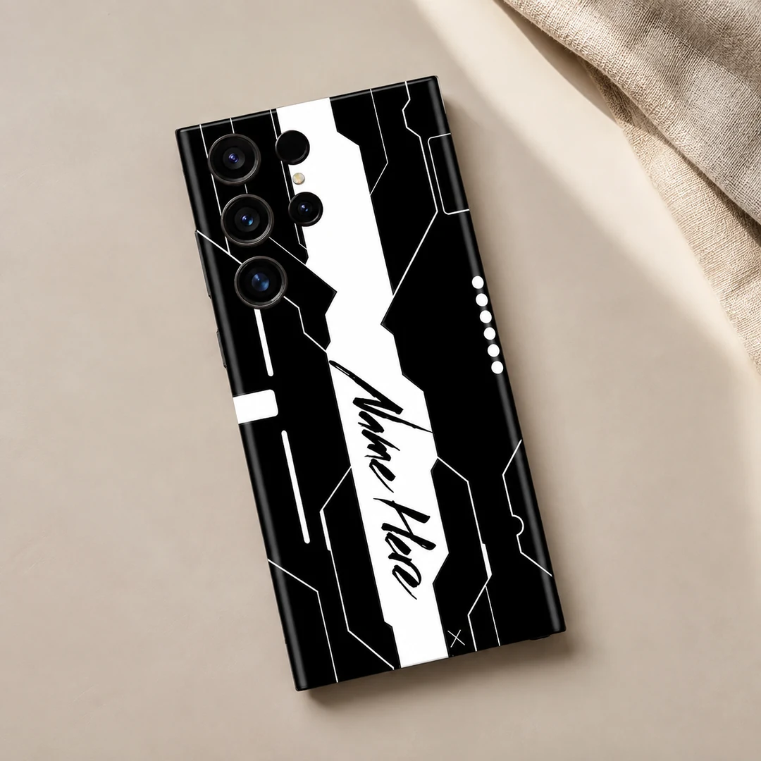 Futuristic Tech Customized Name Mobile Skin - flat lay Futuristic Tech Customized Name Mobile Skin — flat lay showing black and white circuit inspired artwork with a central white name stripe