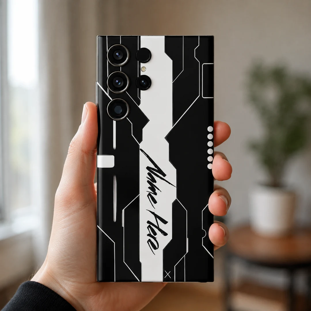 Futuristic Tech Customized Name Mobile Skin - in hand Futuristic Tech Customized Name Mobile Skin — in hand showing black and white circuit inspired artwork with a central white name stripe