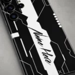 Futuristic Tech Customized Name Mobile Skin — name detail showing black and white circuit inspired artwork with a central white name stripe