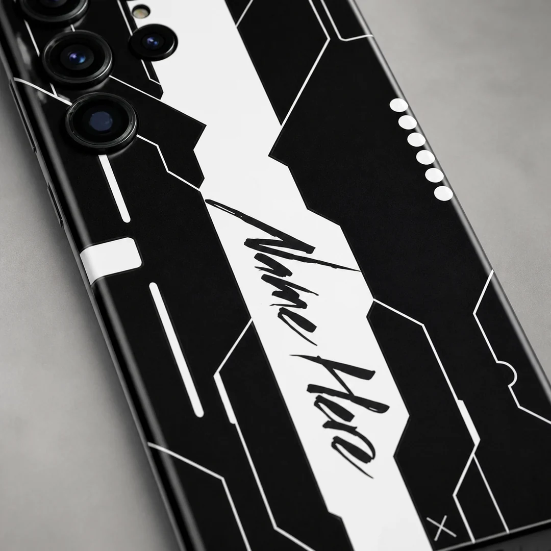 Futuristic Tech Customized Name Mobile Skin - name detail Futuristic Tech Customized Name Mobile Skin — name detail showing black and white circuit inspired artwork with a central white name stripe