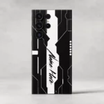 Futuristic Tech Customized Name Mobile Skin — rear view showing black and white circuit inspired artwork with a central white name stripe