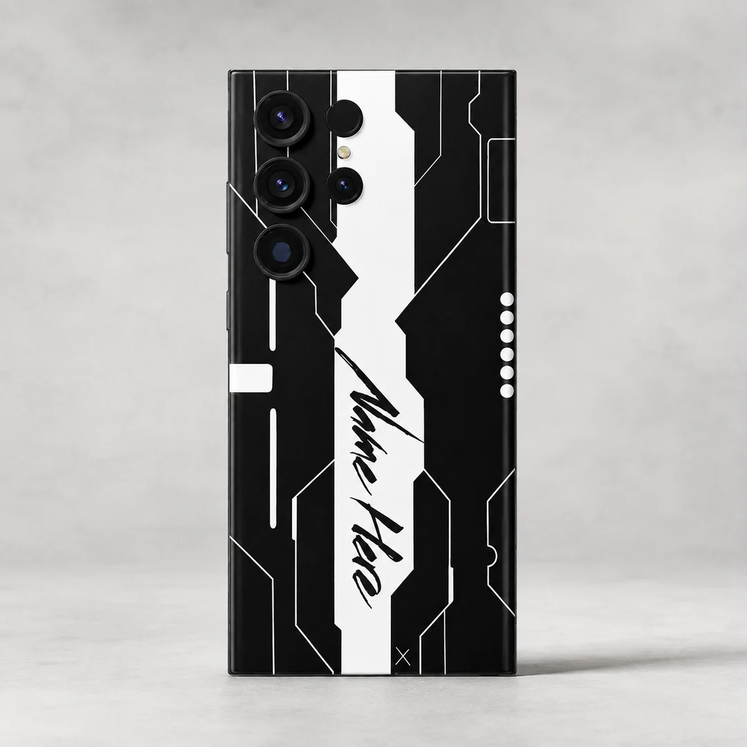 Futuristic Tech Customized Name Mobile Skin - rear view Futuristic Tech Customized Name Mobile Skin — rear view showing black and white circuit inspired artwork with a central white name stripe