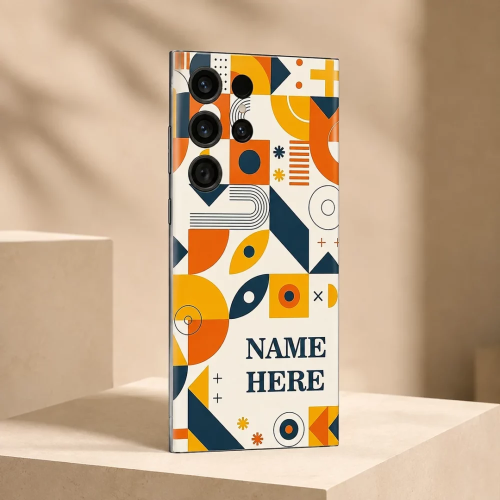Geometric Pop Art Customized Name Mobile Skin — angled view showing retro ivory, orange, mustard and navy geometric artwork with sample name