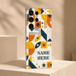 Geometric Pop Art Customized Name Mobile Skin — angled view showing retro ivory, orange, mustard and navy geometric artwork with sample name