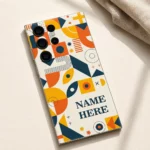 Geometric Pop Art Customized Name Mobile Skin — flat lay showing retro ivory, orange, mustard and navy geometric artwork with sample name