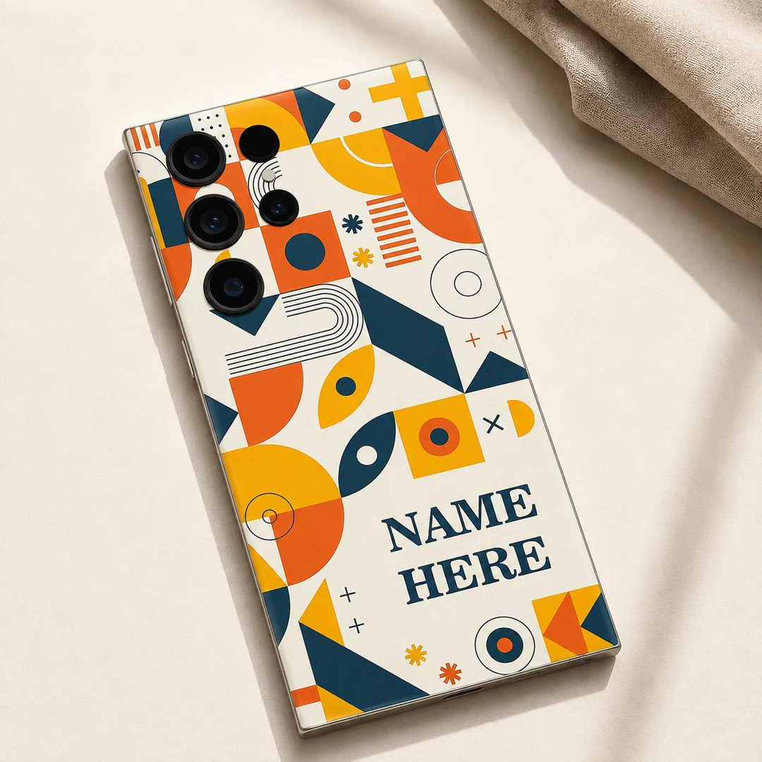 Geometric Pop Art Customized Name Mobile Skin - flat lay Geometric Pop Art Customized Name Mobile Skin — flat lay showing retro ivory, orange, mustard and navy geometric artwork with sample name