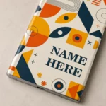 Geometric Pop Art Customized Name Mobile Skin — name detail showing retro ivory, orange, mustard and navy geometric artwork with sample name