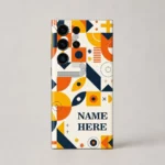 Geometric Pop Art Customized Name Mobile Skin — rear view showing retro ivory, orange, mustard and navy geometric artwork with sample name