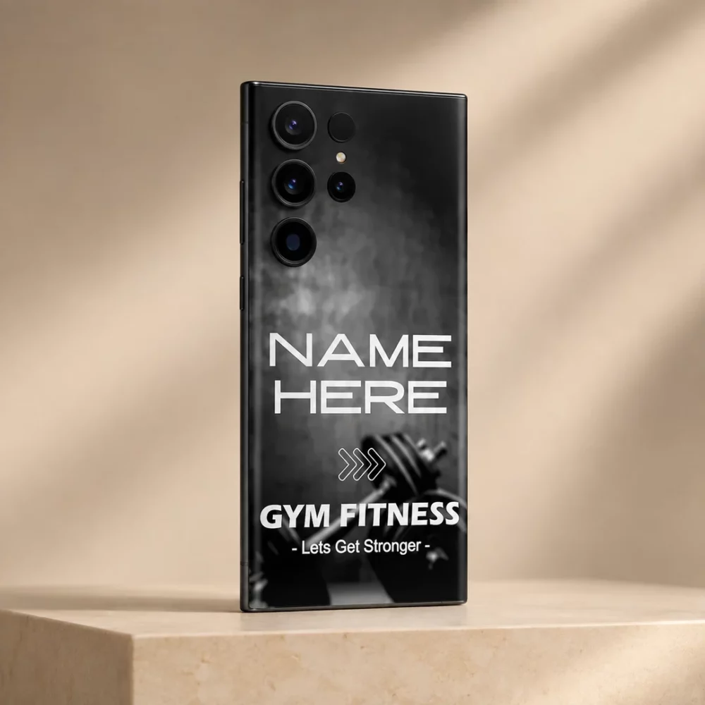 Gym Fitness Customized Name Mobile Skin — angled view showing black and grey dumbbell artwork with Gym Fitness lettering and sample name