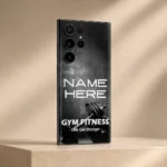 Gym Fitness Customized Name Mobile Skin — angled view showing black and grey dumbbell artwork with Gym Fitness lettering and sample name