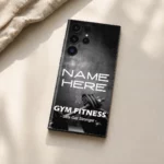 Gym Fitness Customized Name Mobile Skin — flat lay showing black and grey dumbbell artwork with Gym Fitness lettering and sample name