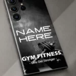 Gym Fitness Customized Name Mobile Skin — name detail showing black and grey dumbbell artwork with Gym Fitness lettering and sample name