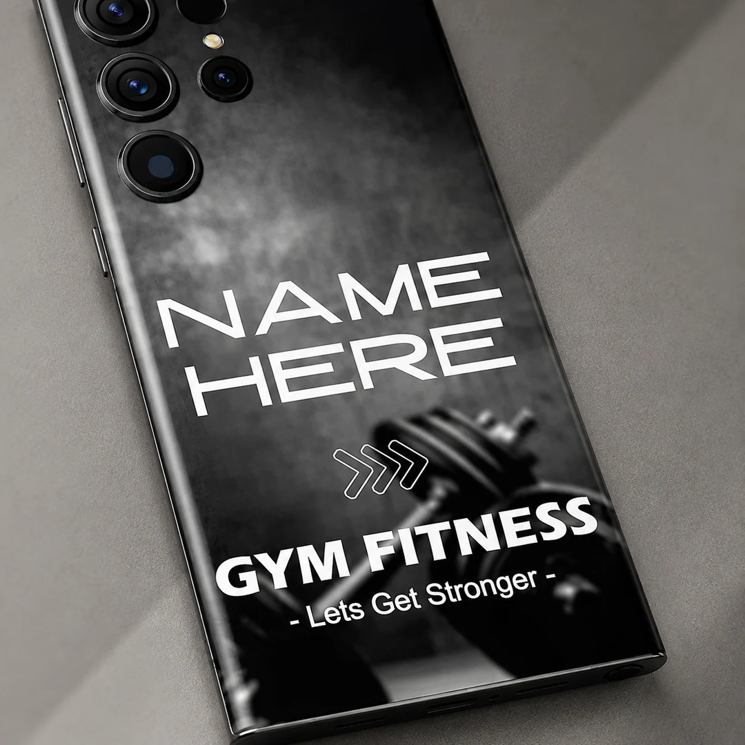 Gym Fitness Customized Name Mobile Skin - name detail Gym Fitness Customized Name Mobile Skin — name detail showing black and grey dumbbell artwork with Gym Fitness lettering and sample name