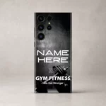 Gym Fitness Customized Name Mobile Skin — rear view showing black and grey dumbbell artwork with Gym Fitness lettering and sample name