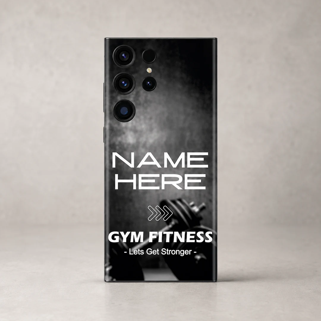 Gym Fitness Customized Name Mobile Skin - rear view Gym Fitness Customized Name Mobile Skin — rear view showing black and grey dumbbell artwork with Gym Fitness lettering and sample name