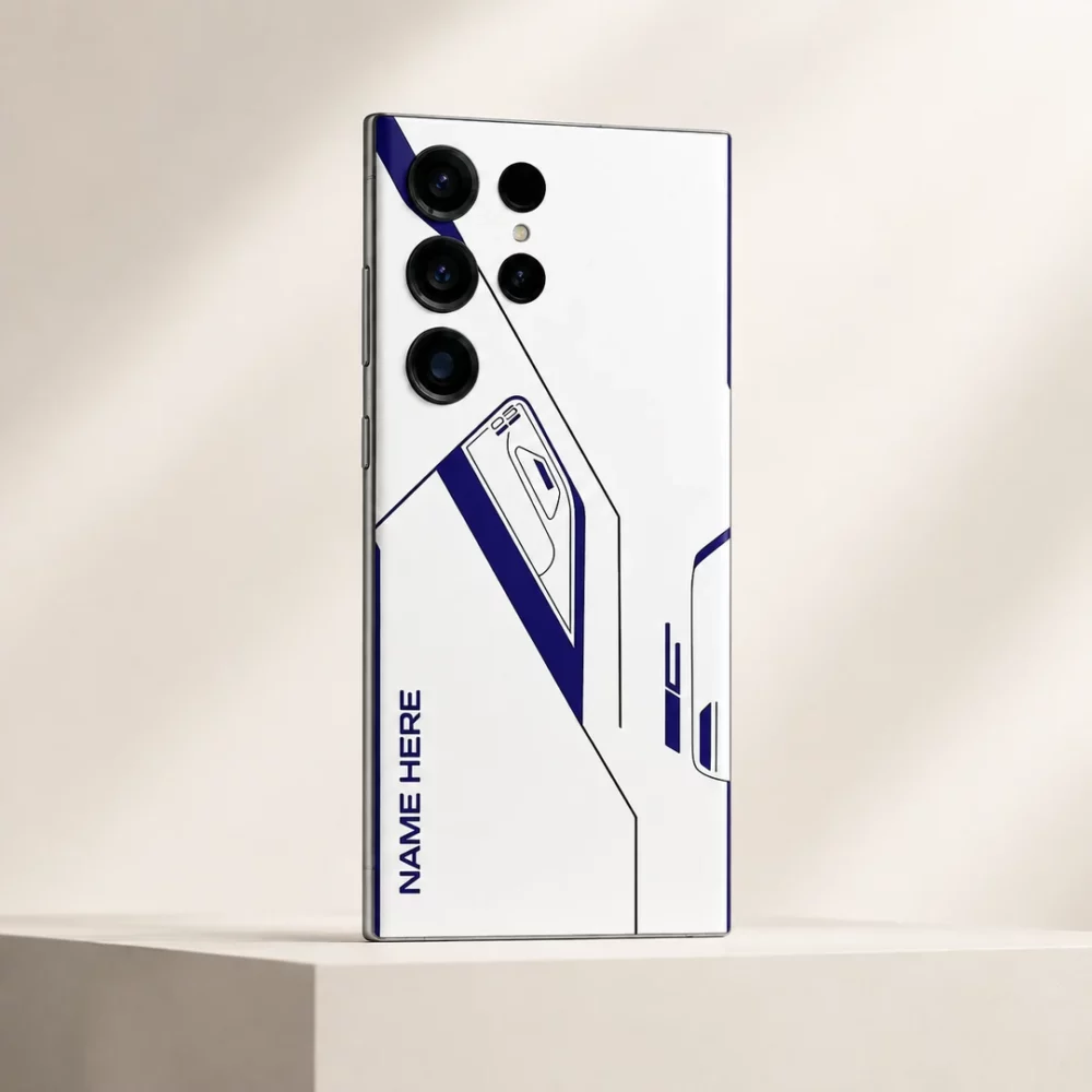 Minimal Tech Line Customized Name Mobile Skin — angled view showing minimal navy technical lines on white with vertical sample name