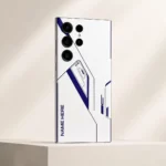 Minimal Tech Line Customized Name Mobile Skin — angled view showing minimal navy technical lines on white with vertical sample name