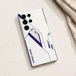 Minimal Tech Line Customized Name Mobile Skin — flat lay showing minimal navy technical lines on white with vertical sample name