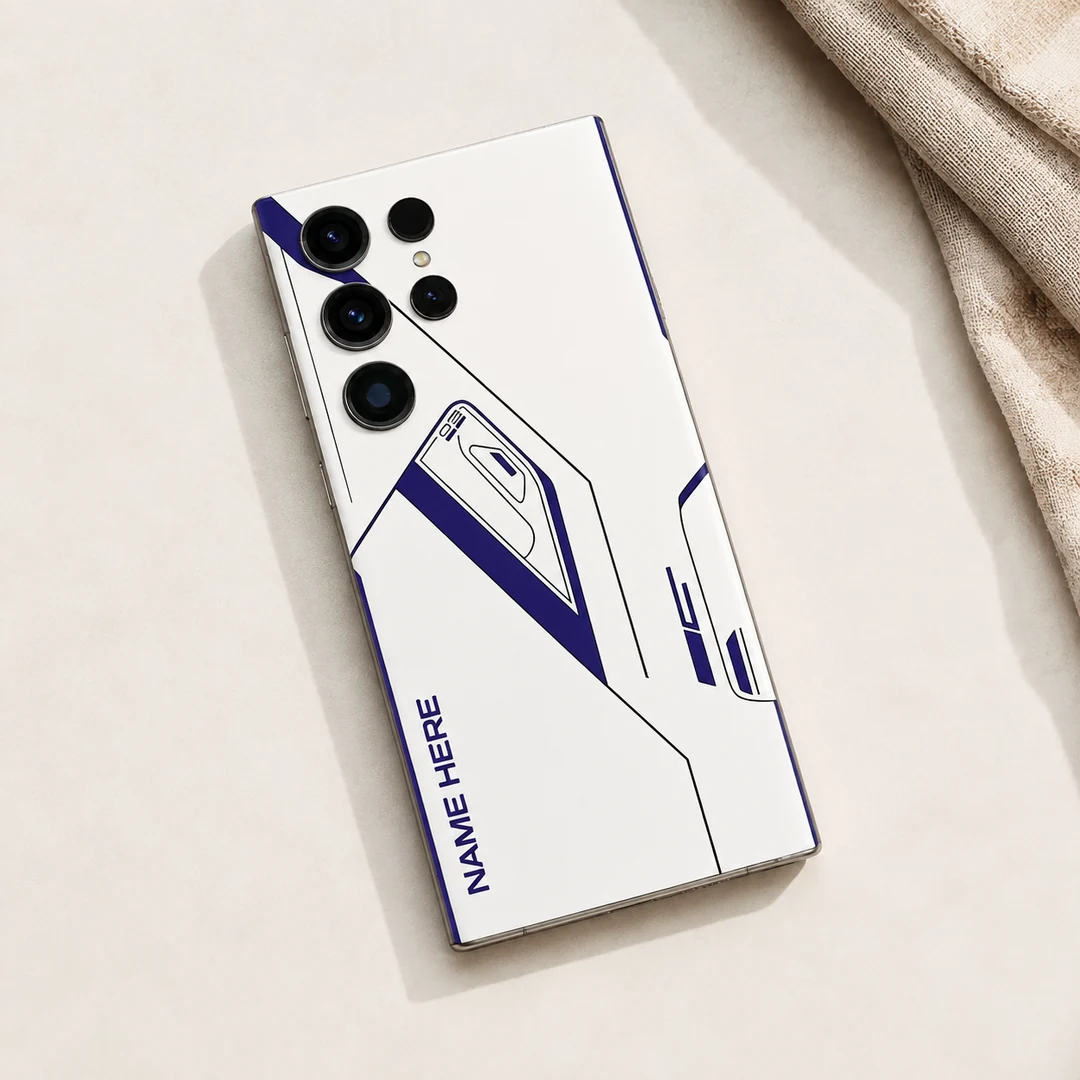 Minimal Tech Line Customized Name Mobile Skin - flat lay Minimal Tech Line Customized Name Mobile Skin — flat lay showing minimal navy technical lines on white with vertical sample name