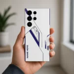 Minimal Tech Line Customized Name Mobile Skin — in hand showing minimal navy technical lines on white with vertical sample name