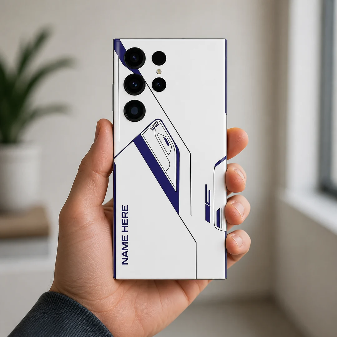 Minimal Tech Line Customized Name Mobile Skin - in hand Minimal Tech Line Customized Name Mobile Skin — in hand showing minimal navy technical lines on white with vertical sample name