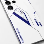 Minimal Tech Line Customized Name Mobile Skin — name detail showing minimal navy technical lines on white with vertical sample name