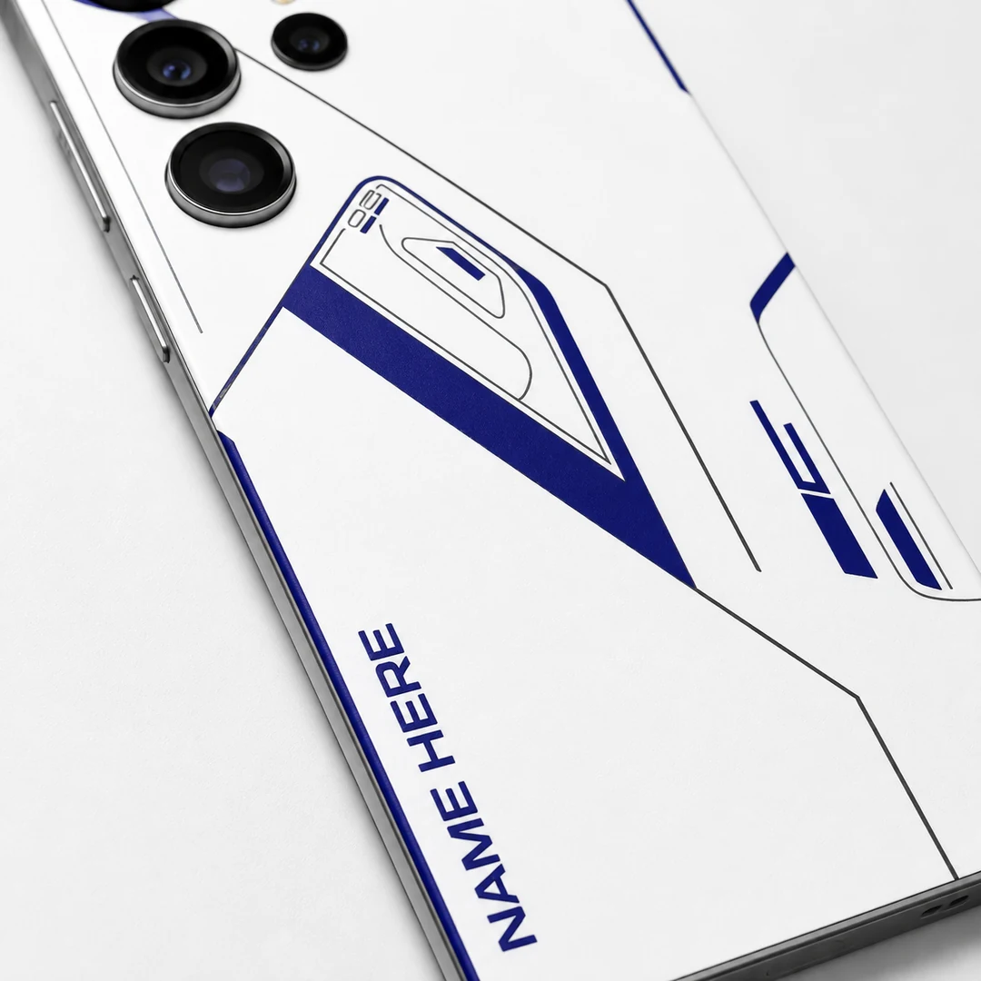 Minimal Tech Line Customized Name Mobile Skin - name detail Minimal Tech Line Customized Name Mobile Skin — name detail showing minimal navy technical lines on white with vertical sample name