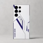 Minimal Tech Line Customized Name Mobile Skin — rear view showing minimal navy technical lines on white with vertical sample name
