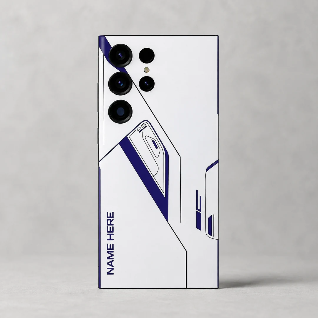 Minimal Tech Line Customized Name Mobile Skin - rear view Minimal Tech Line Customized Name Mobile Skin — rear view showing minimal navy technical lines on white with vertical sample name