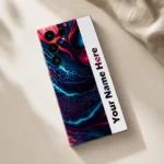 Neon Abstract Customized Name Mobile Skin — flat lay showing cyan and magenta fluid abstract artwork with a white vertical sample name stripe
