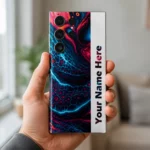 Neon Abstract Customized Name Mobile Skin — in hand showing cyan and magenta fluid abstract artwork with a white vertical sample name stripe