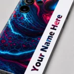 Neon Abstract Customized Name Mobile Skin — name detail showing cyan and magenta fluid abstract artwork with a white vertical sample name stripe