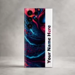 Neon Abstract Customized Name Mobile Skin — rear view showing cyan and magenta fluid abstract artwork with a white vertical sample name stripe