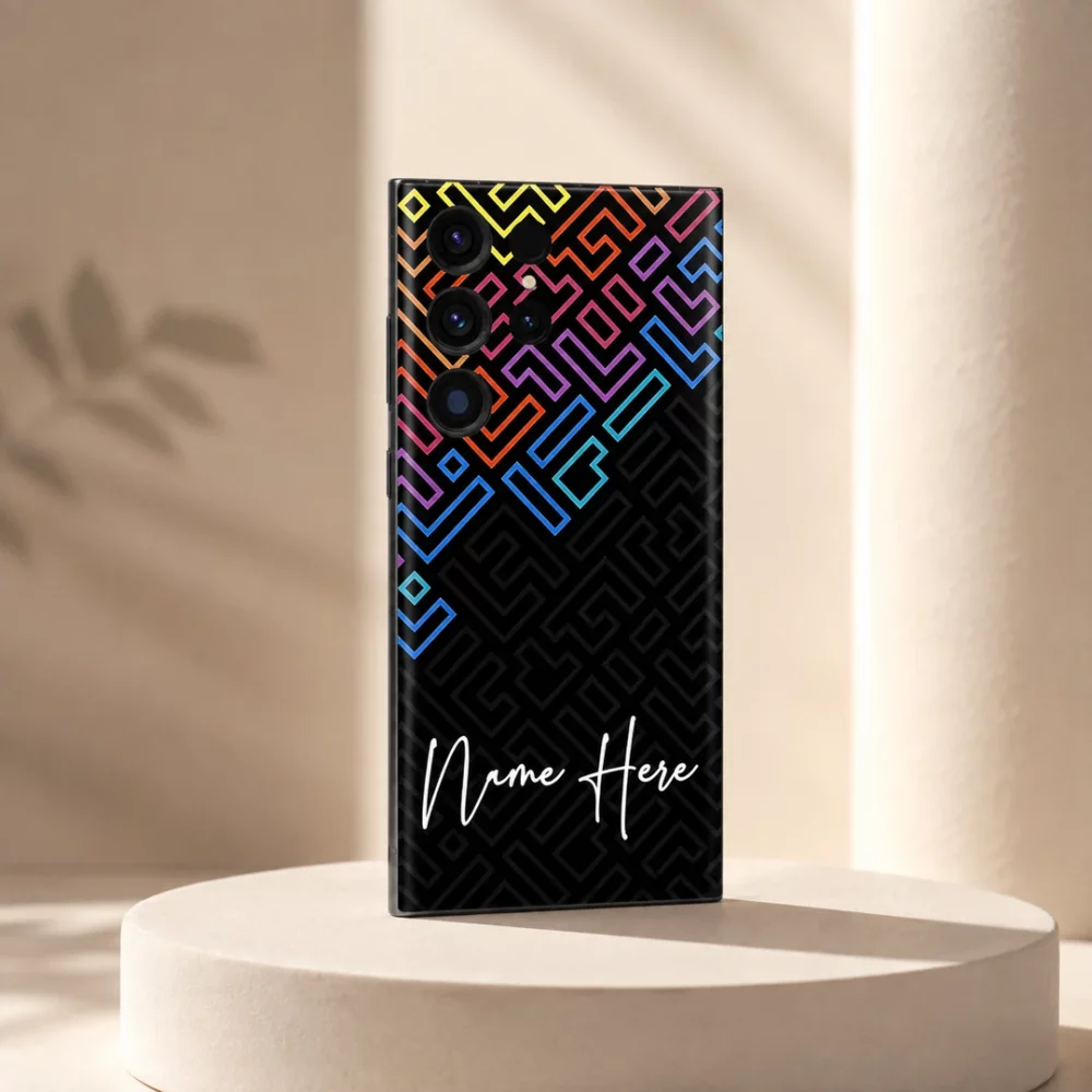 Neon Maze Customized Name Mobile Skin — angled view showing rainbow neon maze lines on black with white cursive sample name