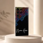 Neon Maze Customized Name Mobile Skin — angled view showing rainbow neon maze lines on black with white cursive sample name