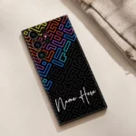 Neon Maze Customized Name Mobile Skin — flat lay showing rainbow neon maze lines on black with white cursive sample name