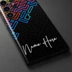 Neon Maze Customized Name Mobile Skin — name detail showing rainbow neon maze lines on black with white cursive sample name