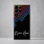 Neon Maze Customized Name Mobile Skin — rear view showing rainbow neon maze lines on black with white cursive sample name