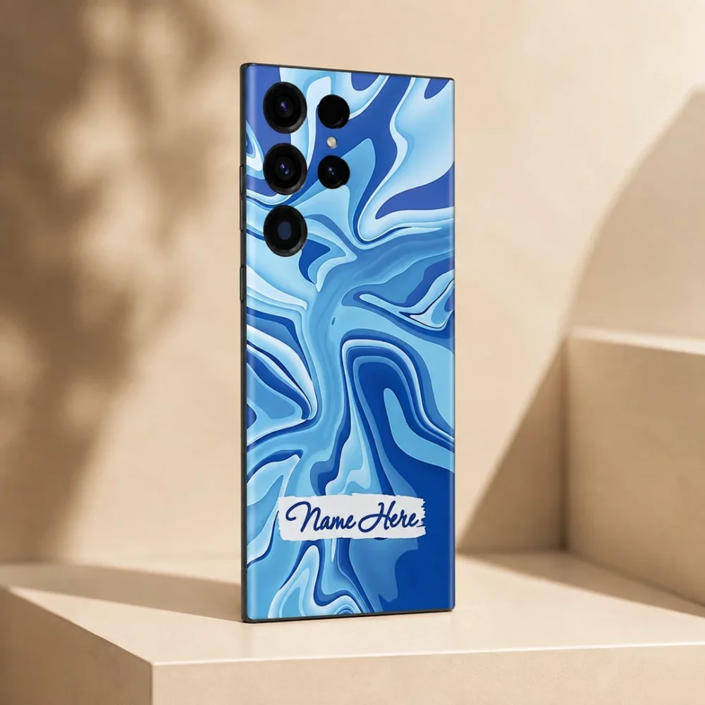 Ocean Wave Abstract Customized Name Mobile Skin — angled view showing cyan and cobalt flowing waves with a white brushstroke sample name label