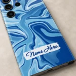Ocean Wave Abstract Customized Name Mobile Skin — name detail showing cyan and cobalt flowing waves with a white brushstroke sample name label