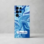 Ocean Wave Abstract Customized Name Mobile Skin — rear view showing cyan and cobalt flowing waves with a white brushstroke sample name label