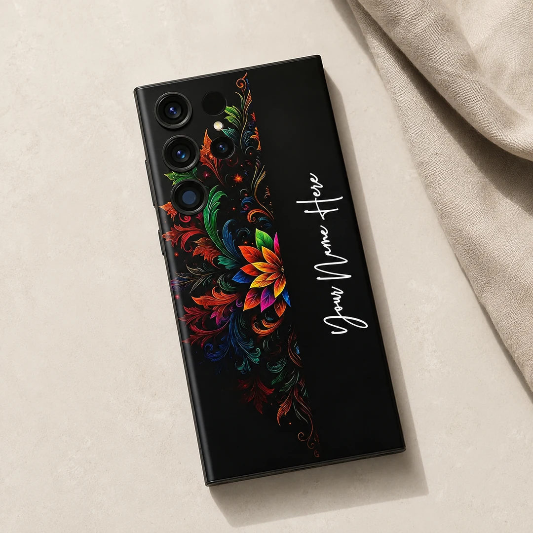Royal Floral Glow Customized Name Mobile Skin - flat lay Royal Floral Glow Customized Name Mobile Skin — flat lay showing colourful floral scrollwork on black with vertical white cursive sample name