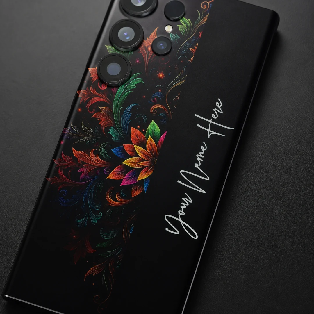 Royal Floral Glow Customized Name Mobile Skin - name detail Royal Floral Glow Customized Name Mobile Skin — name detail showing colourful floral scrollwork on black with vertical white cursive sample name