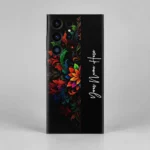 Royal Floral Glow Customized Name Mobile Skin — rear view showing colourful floral scrollwork on black with vertical white cursive sample name