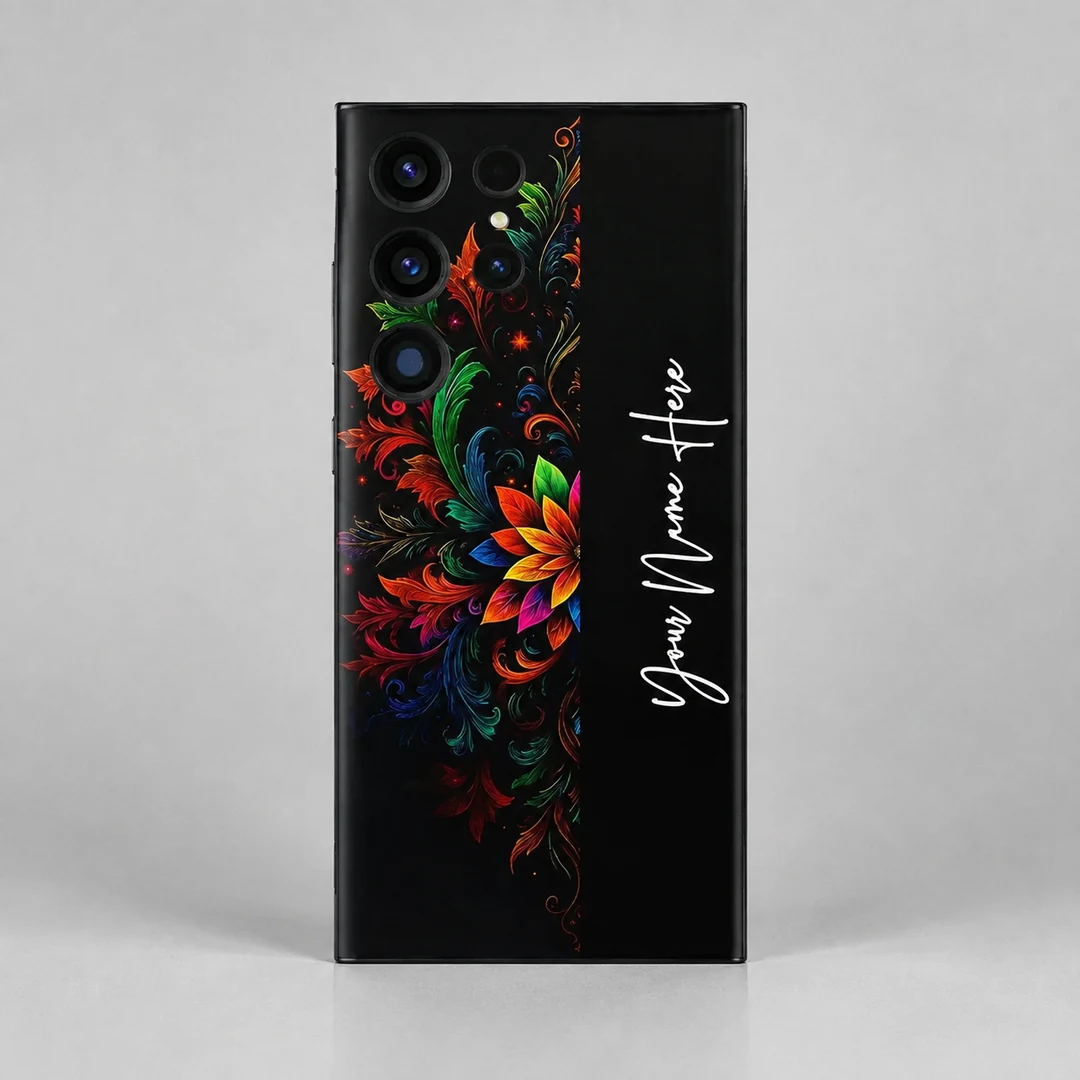 Royal Floral Glow Customized Name Mobile Skin - rear view Royal Floral Glow Customized Name Mobile Skin — rear view showing colourful floral scrollwork on black with vertical white cursive sample name