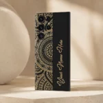 Royal Mandala Customized Name Mobile Skin — angled view showing the black and gold mandala design with gold cursive sample name