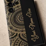 Royal Mandala Customized Name Mobile Skin — name detail showing the black and gold mandala design with gold cursive sample name